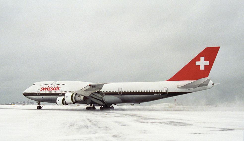 A Swissair jet, taxiing on the runway at Geneva