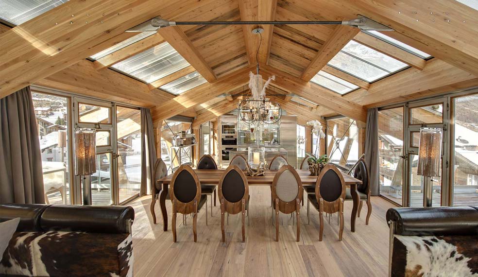 The dining area in the Backstage Chalet in Zermatt